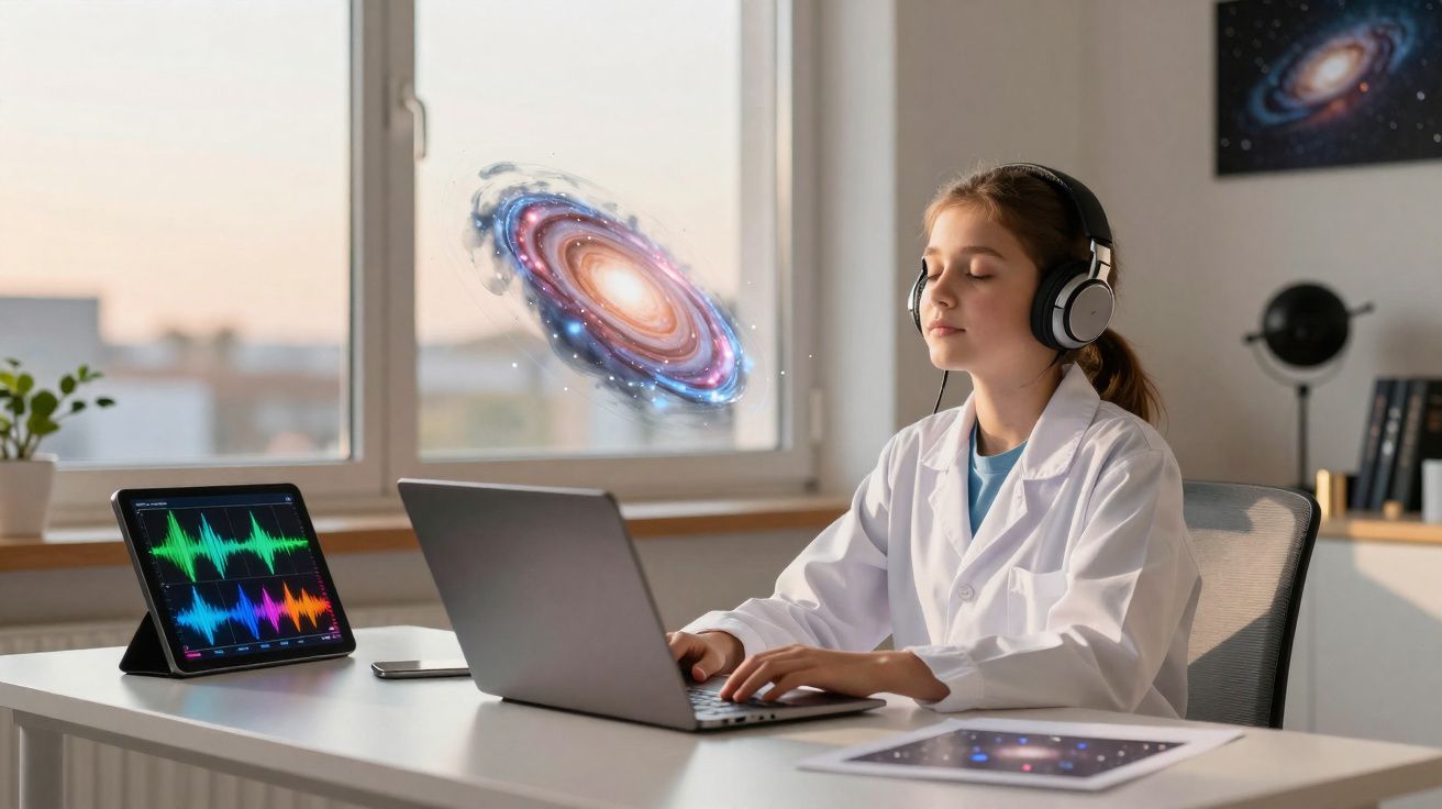 Criança com bata branca e auscultadores, focada a trabalhar num computador com galáxia holográfica à frente.