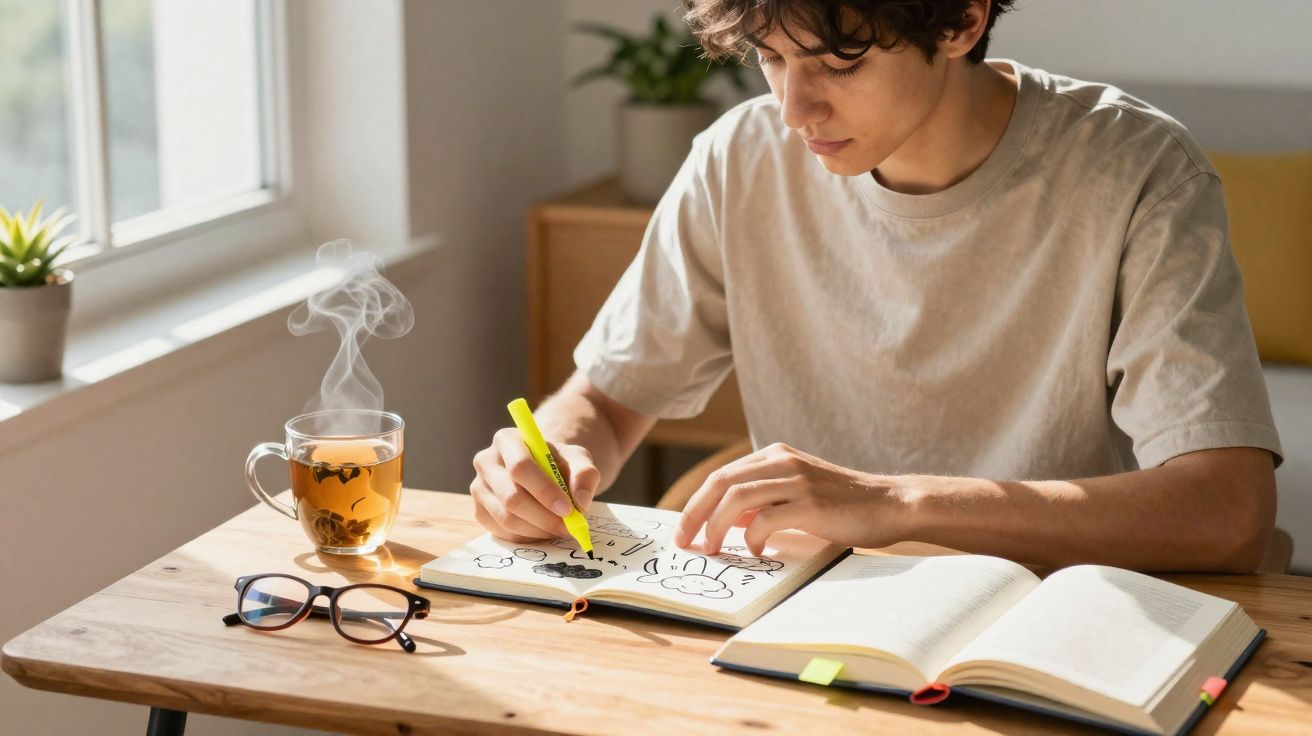 Jovem a desenhar e a fazer apontamentos num caderno, com chá quente e óculos numa mesa junto a uma janela.