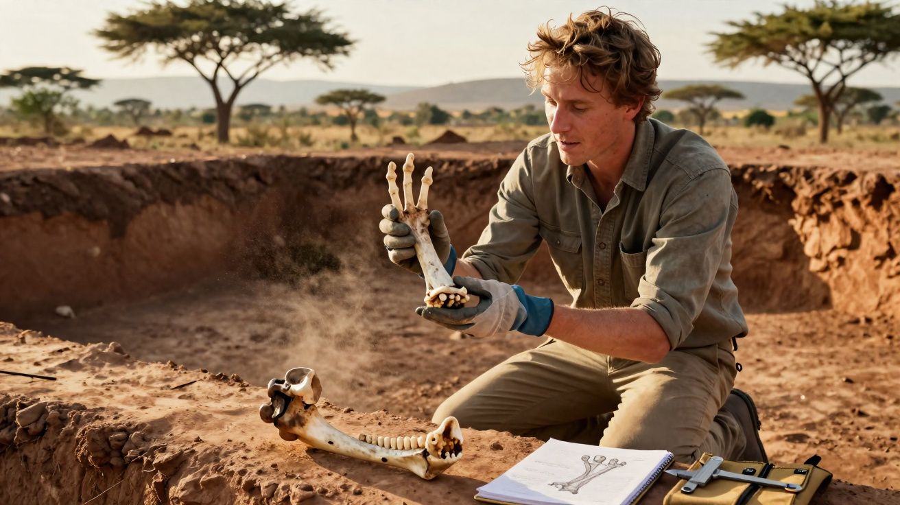 Homem examina fóssil de mandíbula em escavação arqueológica num ambiente desértico.