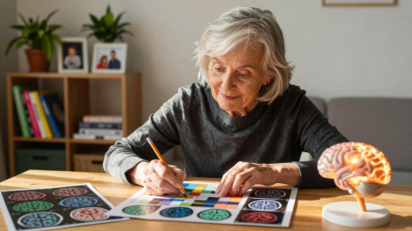 Mulher idosa a pintar um quebra-cabeças colorido numa mesa com modelo de cérebro ao lado.