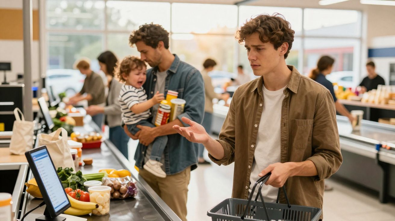 Jovem com carrinho de compras e homem a tentar acalmar criança a chorar numa fila de supermercado.