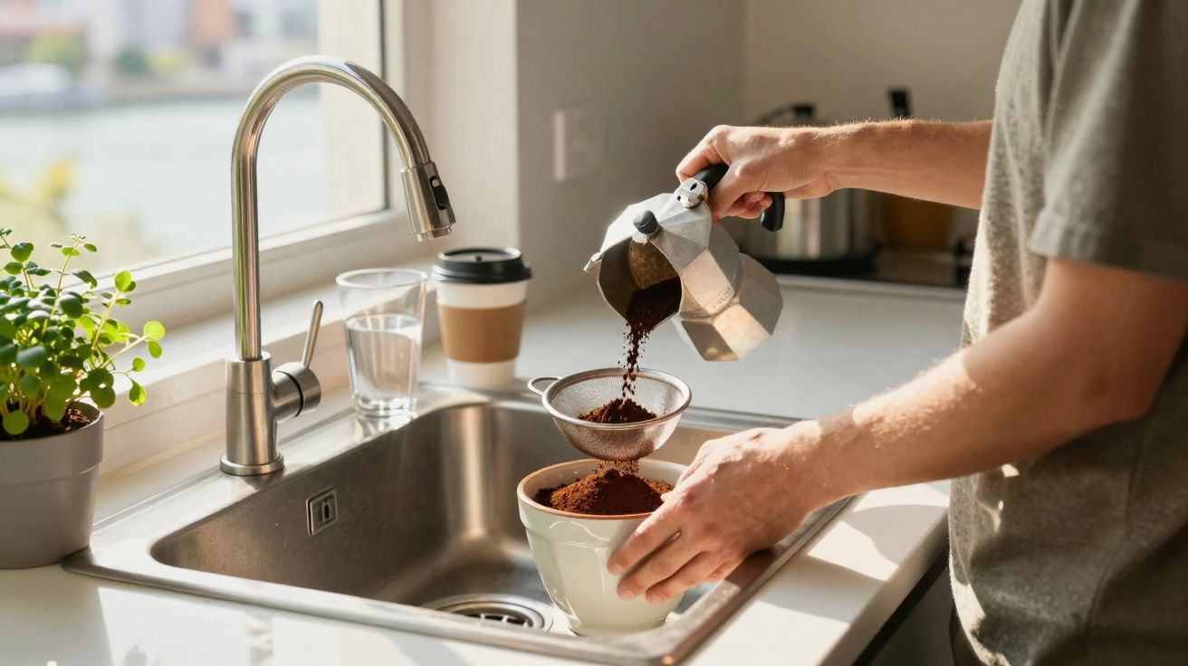 Pessoa a verter borra de café de cafeteira para um recipiente sobre a bancada da cozinha junto à pia.