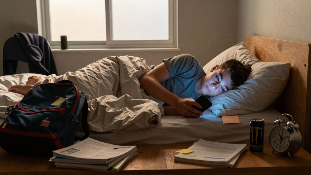 Jovem deitado na cama a usar telemóvel à noite, com mochila, livros e relógio na mesa ao lado.