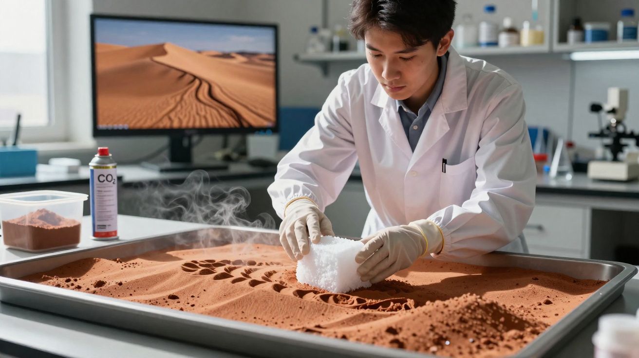 Cientista com bata branca manipula gelo seco numa bandeja com areia vermelha num laboratório.