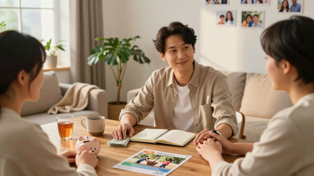 Casal a discutir finanças com consultor numa mesa, com mealheiro, caderno e brochures de investimento.