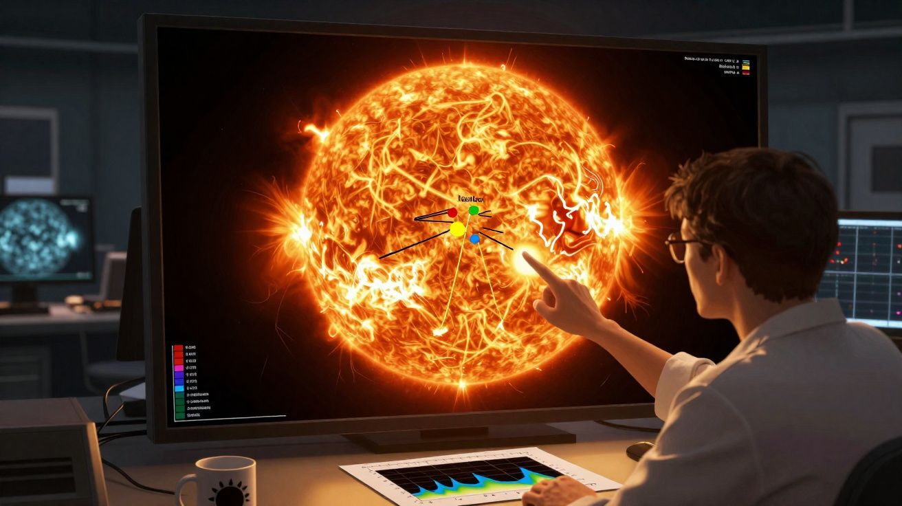 Pessoa a analisar imagem do Sol com gráficos e dados científicos num ecrã num laboratório.