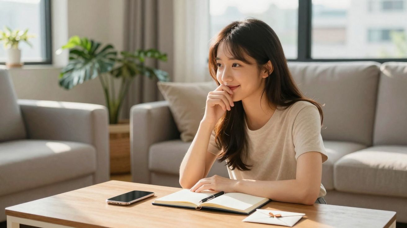 Mulher sentada a pensar com caderno, caneta, telemóvel e envelope numa mesa em sala iluminada.