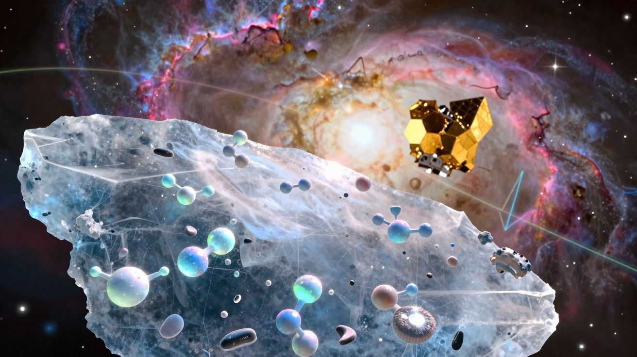 Representação artística de moléculas e um satélite dourado no espaço perto de uma galáxia colorida brilhante.