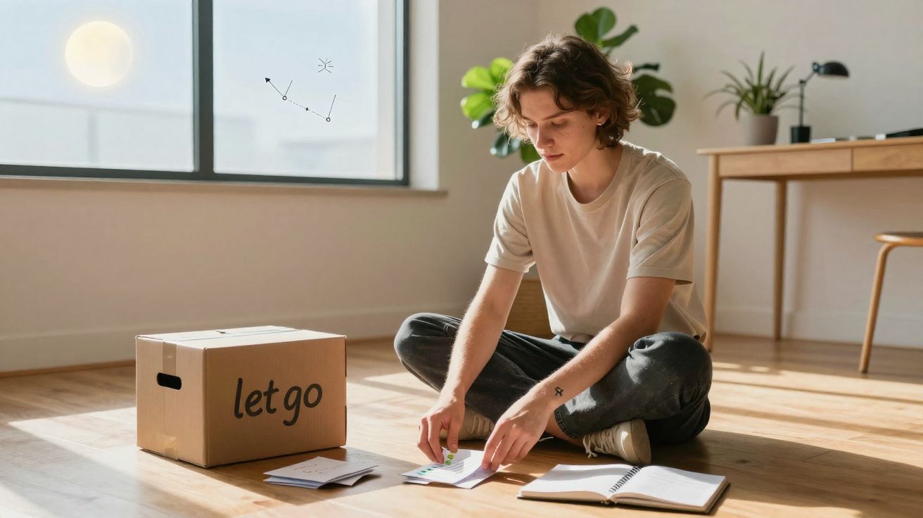 Jovem sentado no chão a organizar itens e papéis ao lado de uma caixa de cartão com a frase "let go".