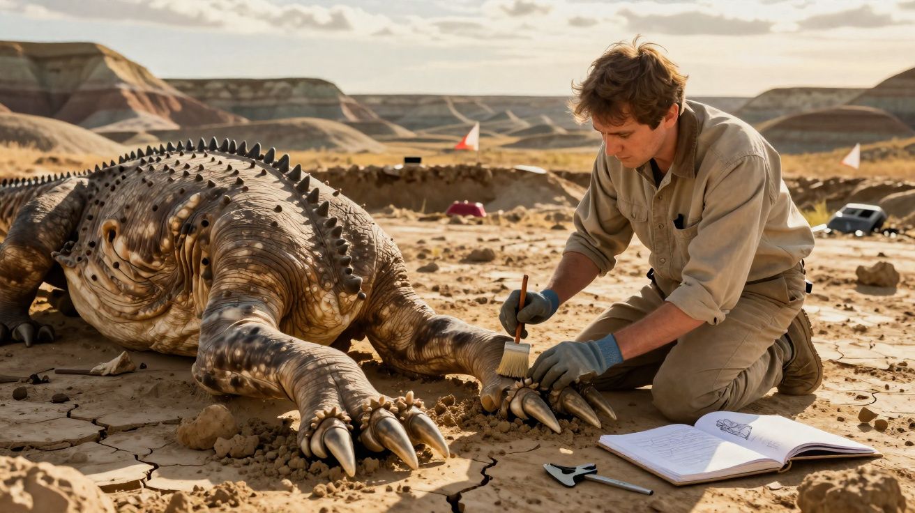 Homem escava e limpa fósseis de dinossauro numa paisagem desértica com cadernos abertos ao lado.
