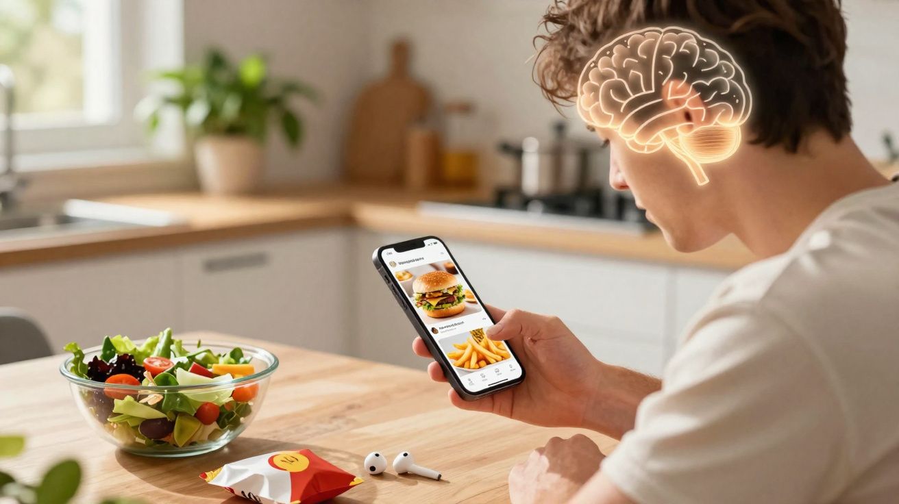 Pessoa a escolher comida rápida num aplicativo em telemóvel, com cérebro iluminado em sobreposição na cabeça.