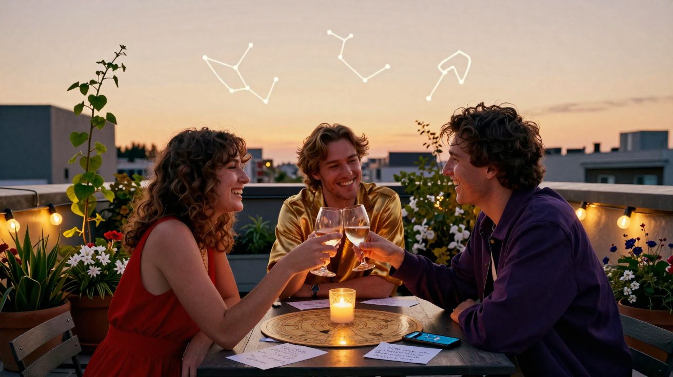 Três amigos brindam com copos de vinho numa varanda ao entardecer, rodeados de plantas e luzes decorativas.