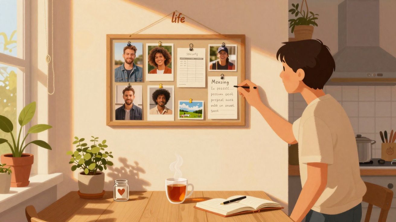 Pessoa escreve nota num quadro de fotografias e plantas numa sala iluminada pelo sol.