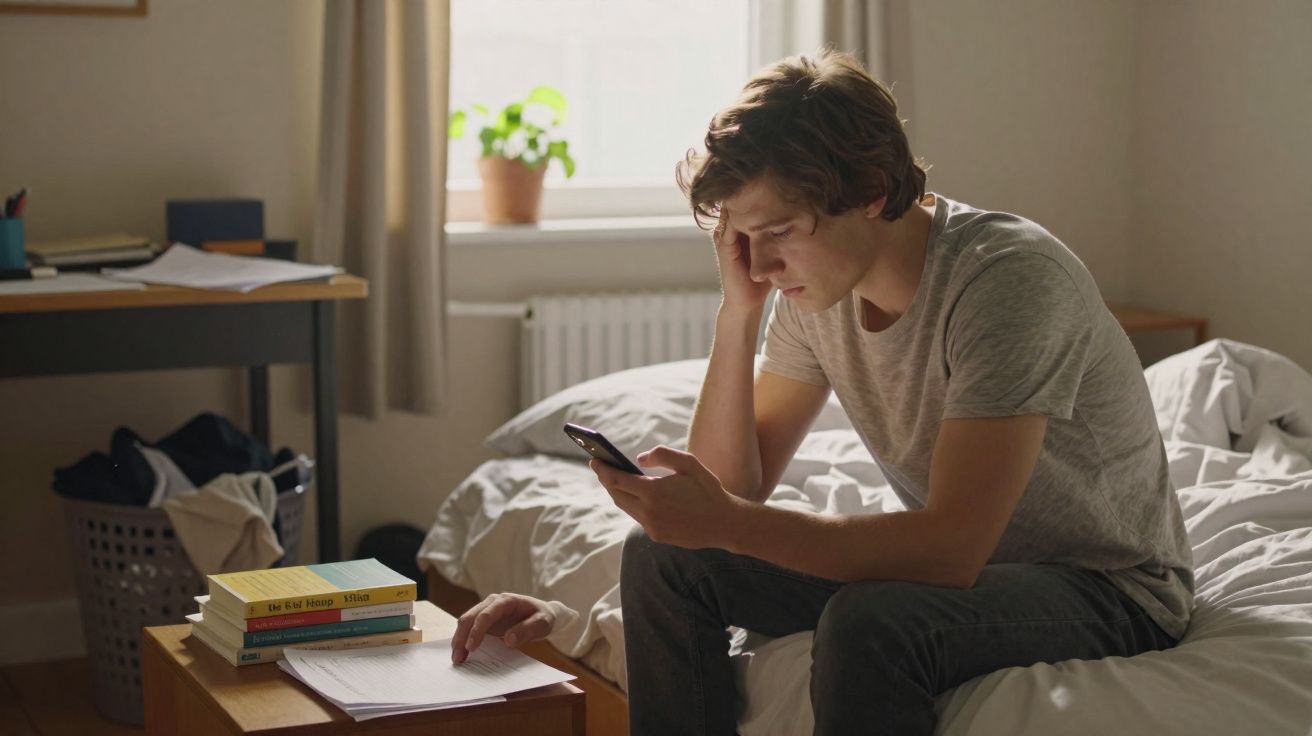 Jovem sentado na cama olhando preocupado para o telemóvel numa divisão com mesa, livros e roupa no cesto.