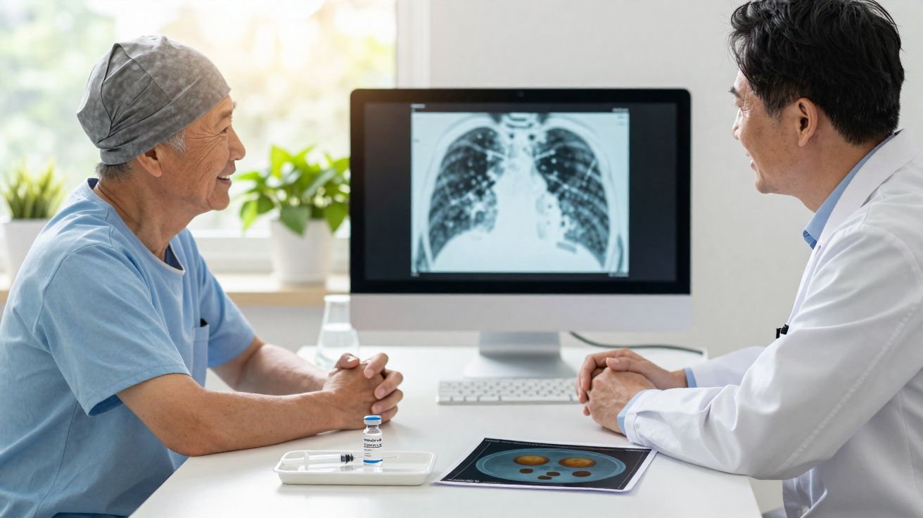 Paciente e médico a analisar radiografia de pulmões num consultório moderno e iluminado.