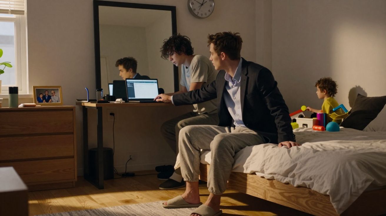 Três rapazes em quarto, um no computador, outro sentado na cama e uma criança a brincar no sofá.