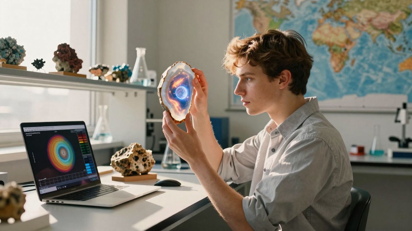 Jovem observa mineral com efeito luminoso azul, sentado numa mesa com computador e mapas num laboratório.