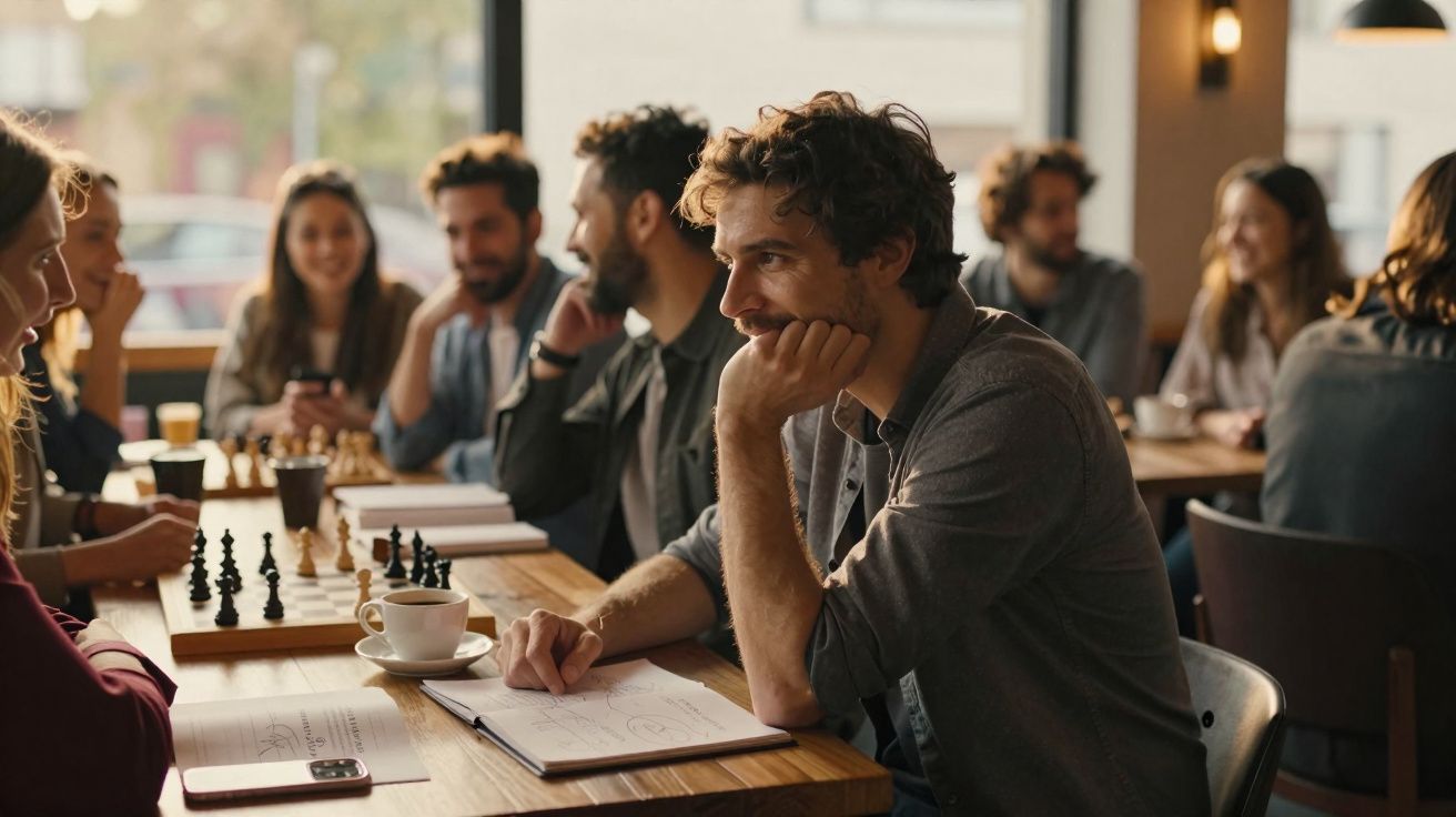 Grupo de jovens a jogar xadrez e socializar num café com cadernos e chávenas na mesa.