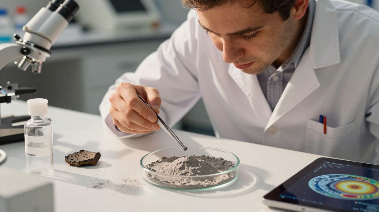 Cientista em laboratório manipula minério em placa de Petri com pinça, próximo a microscópio e tablet.