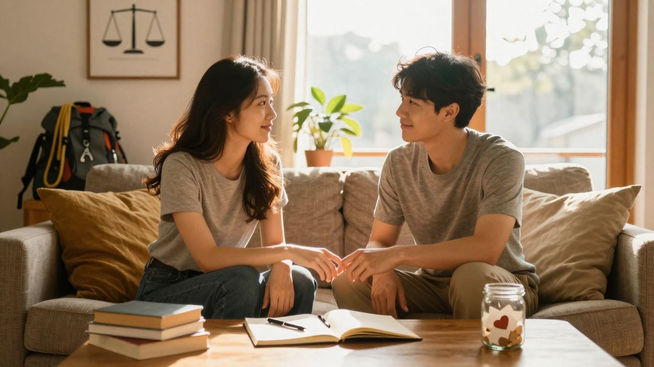 Casal jovem sentado no sofá a olhar-se e a tocar-se carinhosamente numa sala iluminada pelo sol.