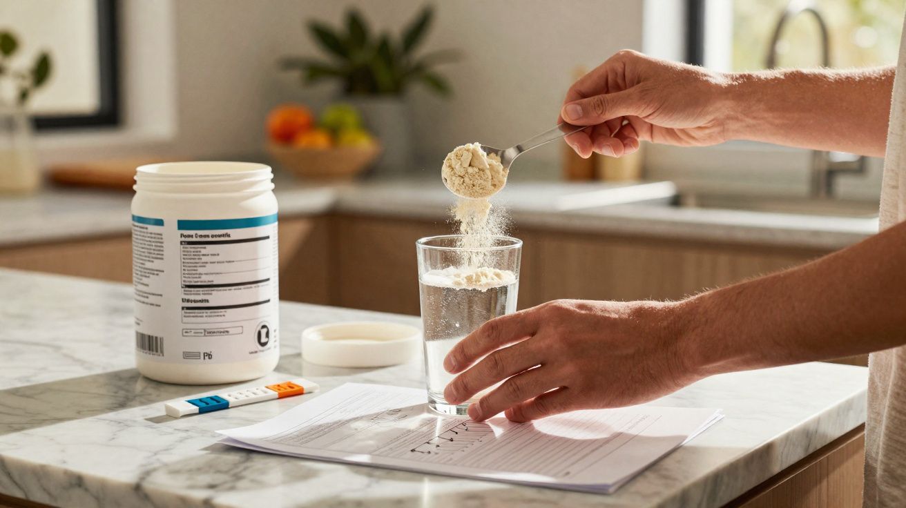 Pessoa a deitar suplemento em pó em copo com líquido na cozinha, com frasco e dicas no balcão.