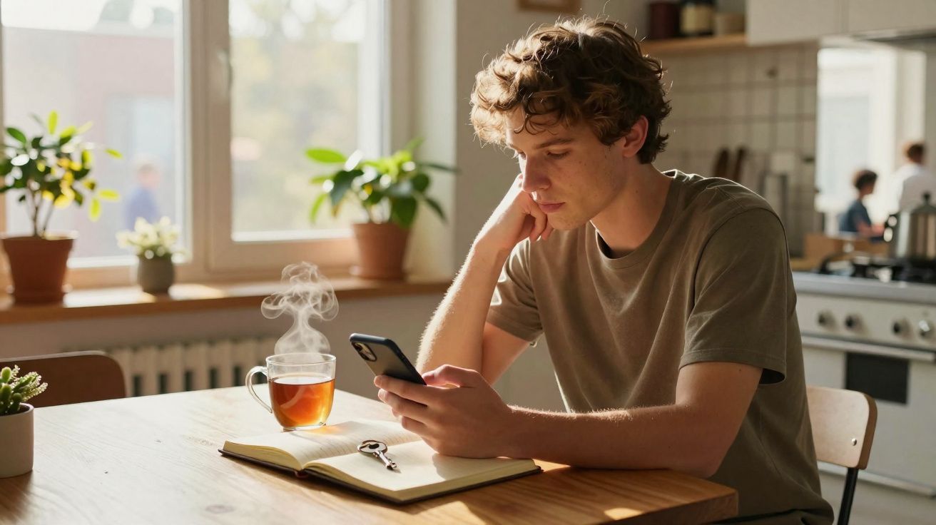 Jovem sentado à mesa da cozinha a olhar para o telemóvel, com chá quente e caderno à sua frente.