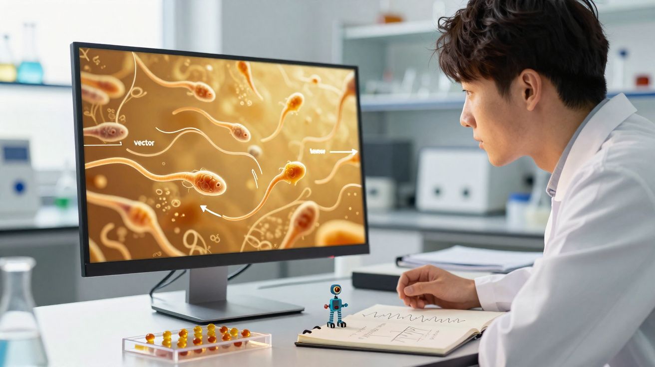 Cientista em laboratório analisa imagens de espermatozoides num ecrã de computador.