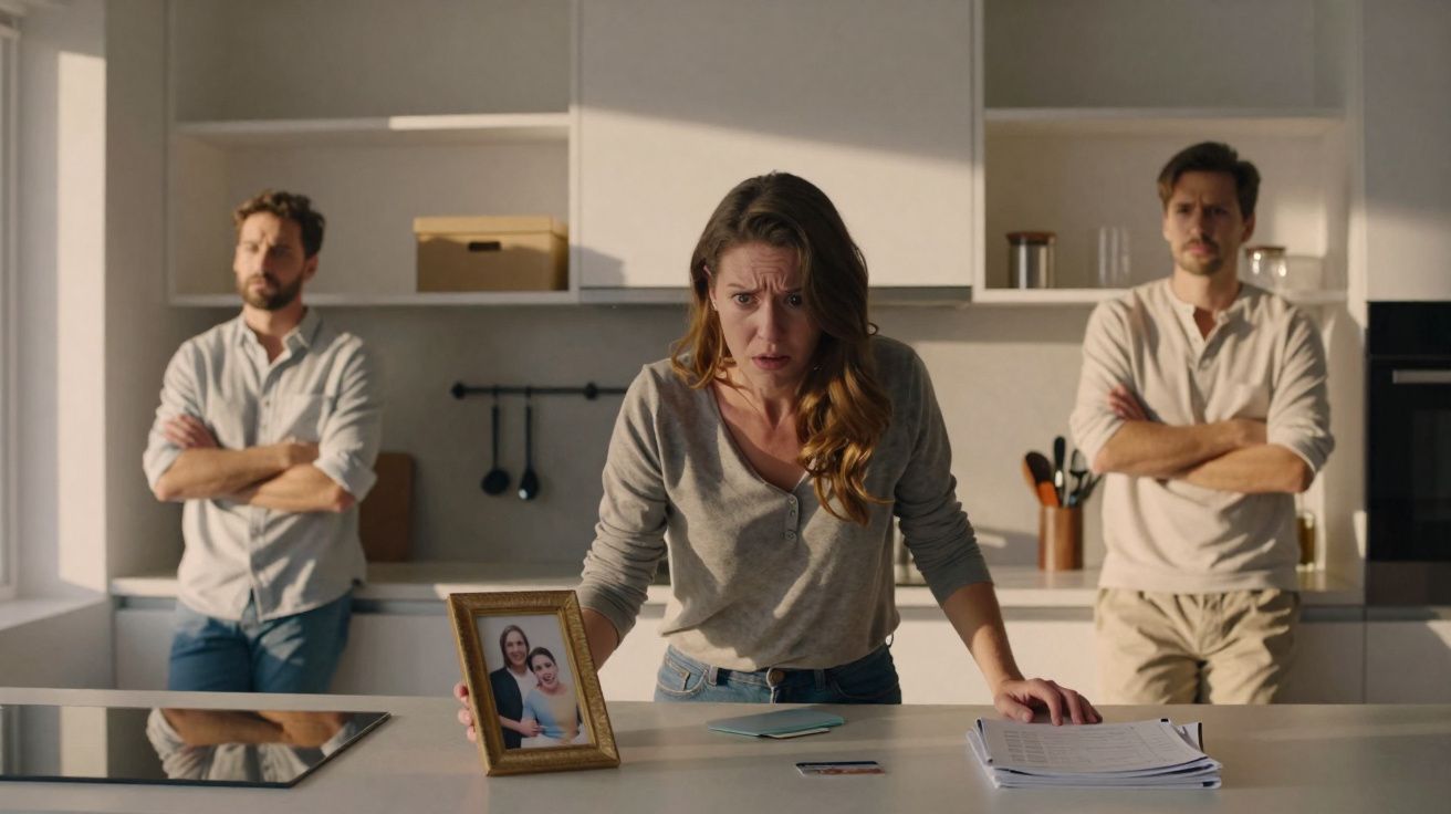 Mulher preocupada na cozinha com dois homens ao fundo, segurando foto de família e documentos na mesa.