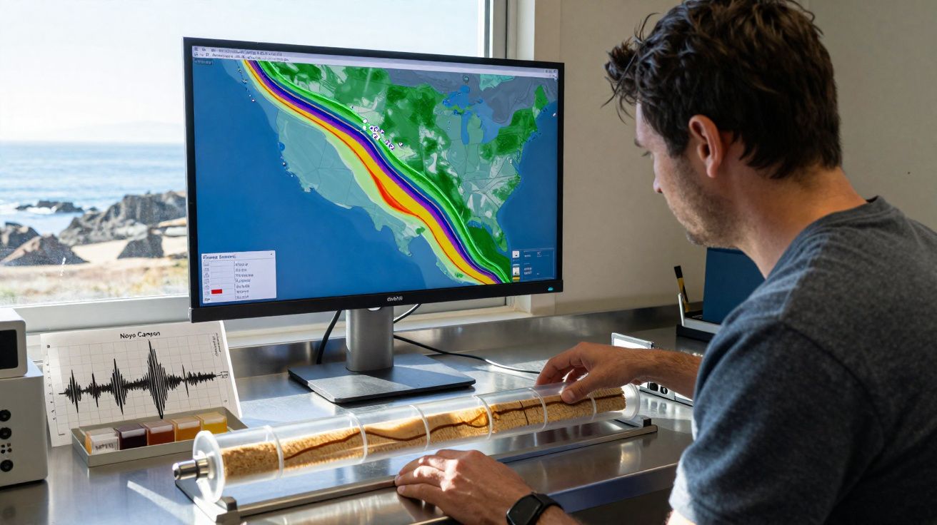 Homem analisa sedimentos em laboratório com mapa de zonas sísmicas do Pacífico na tela.