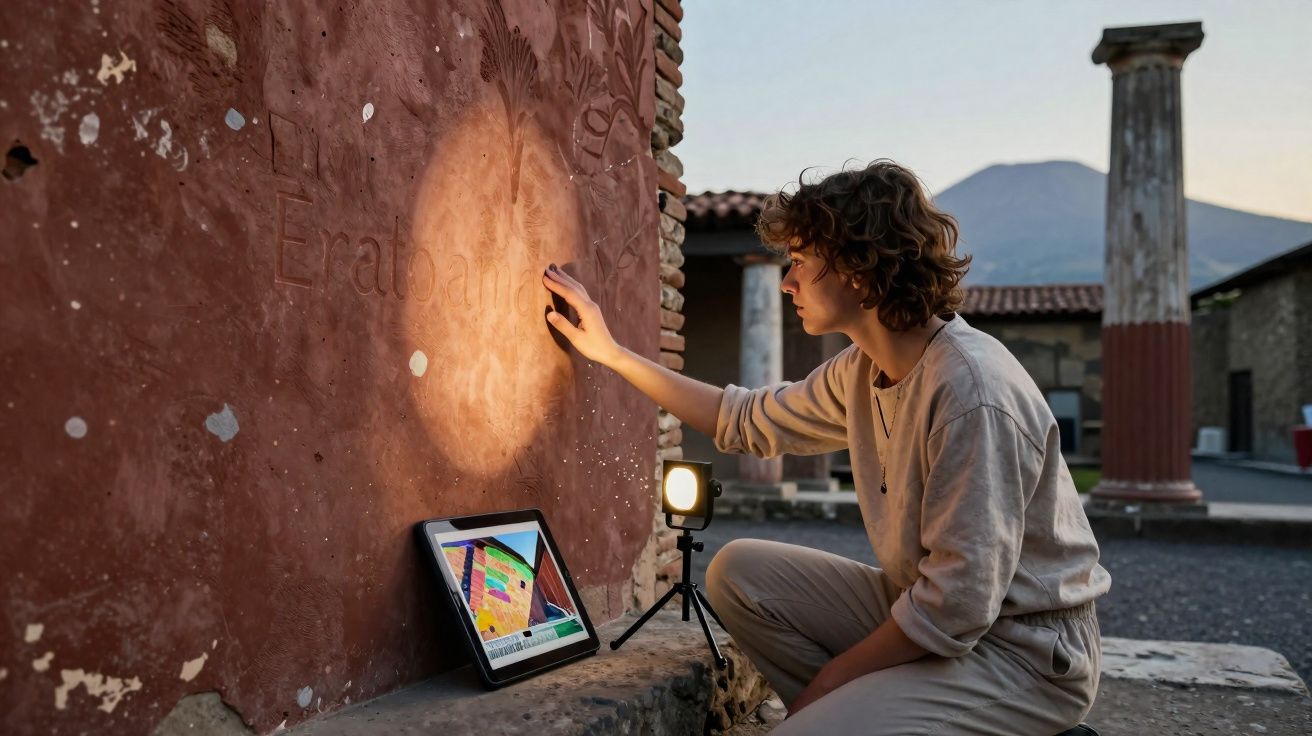 Pessoa a examinar parede antiga iluminada por luz artificial, com tablet e coluna romana ao fundo.
