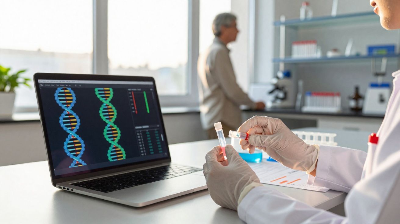 Mãos de cientista com luvas seguram tubos de ensaio perto de portátil com imagens de DNA em laboratório.