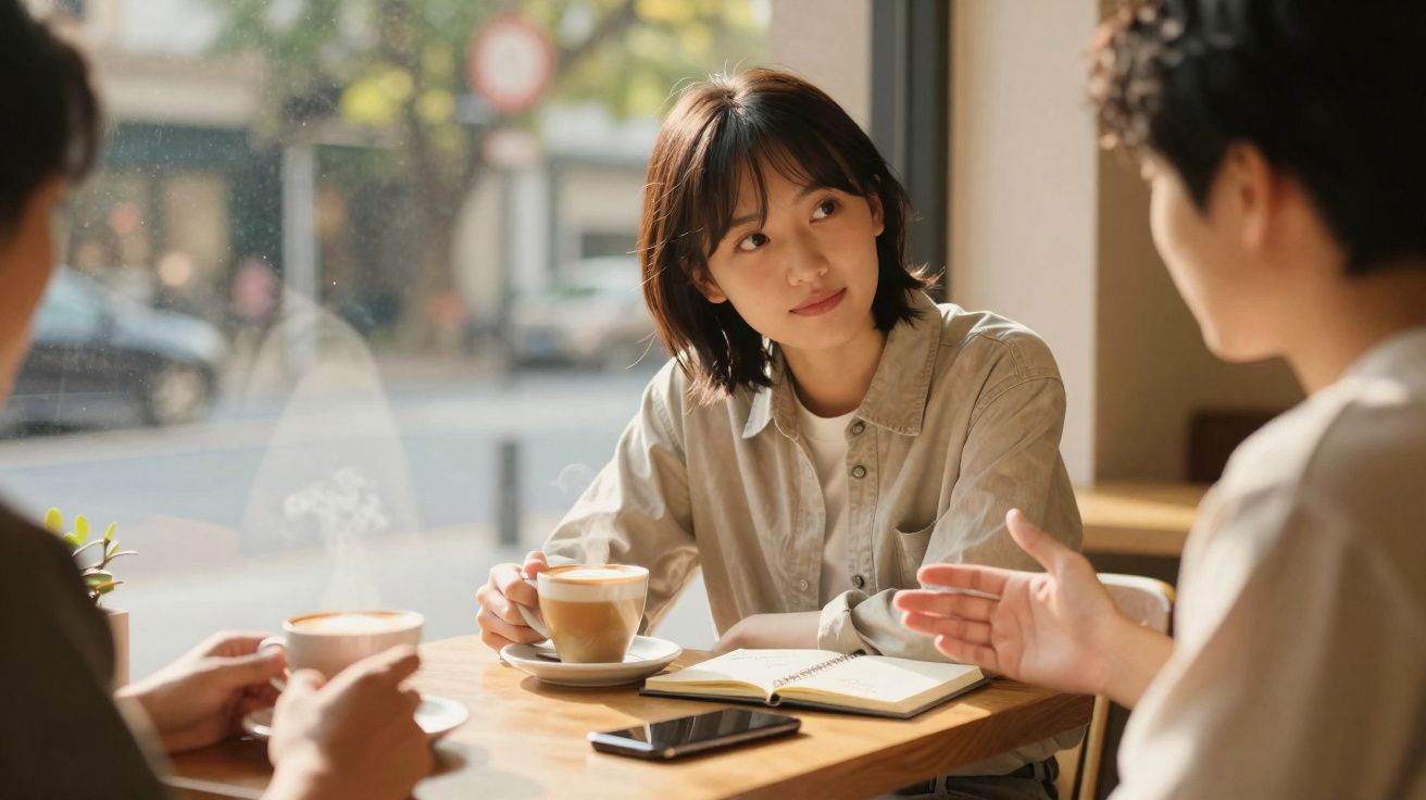 Três pessoas sentadas à mesa de café, uma mulher olha atentamente para um dos homens enquanto conversa.