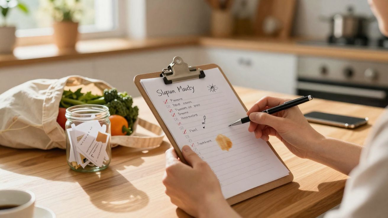 Pessoa a escrever uma lista de tarefas num bloco de notas numa cozinha com legumes e jarro na mesa.