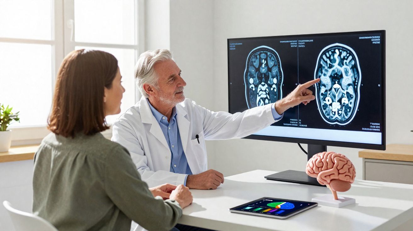 Médico a explicar imagens de ressonância magnética cerebral a uma paciente numa consulta.