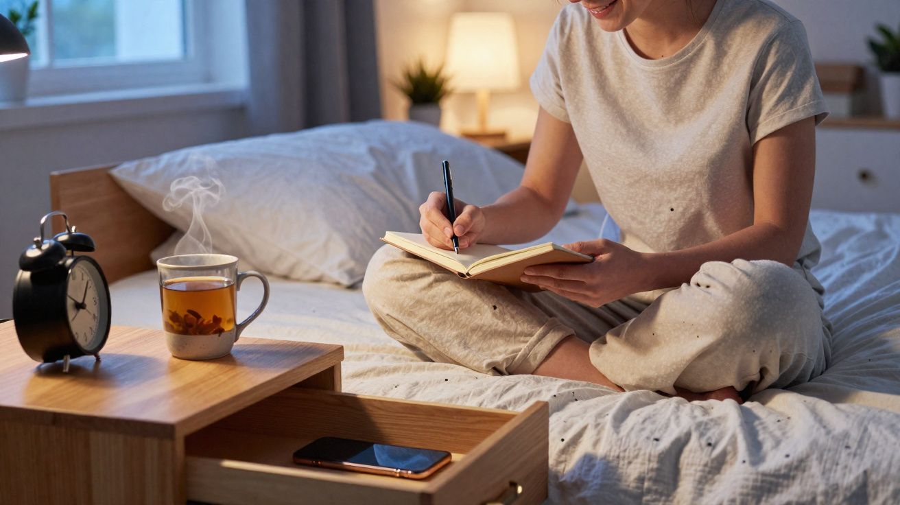 Pessoa a escrever num caderno sentada na cama, com chá quente, despertador e telemóvel na mesa ao lado.