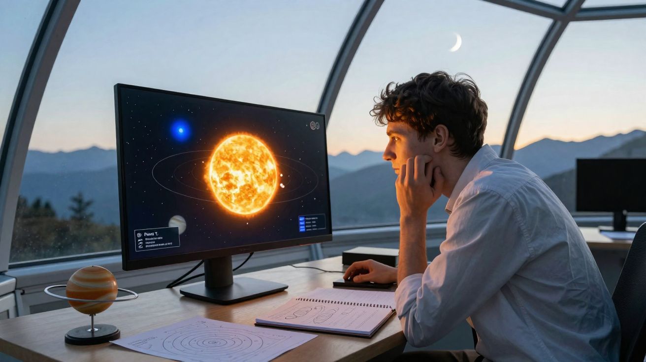 Jovem observa modelo do sistema solar no ecrã de computador, com planetário em miniatura na mesa.