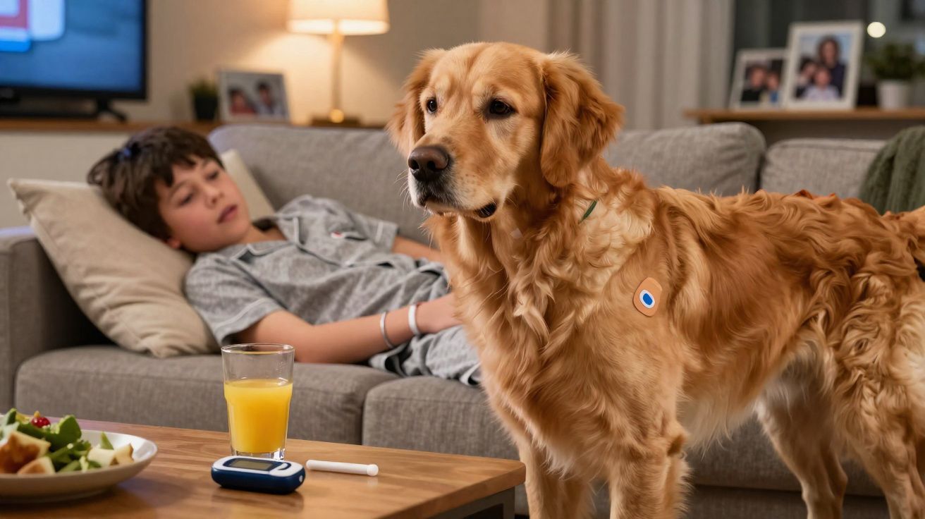 Cão Golden Retriever com sensor de glicose no pelo perto de criança deitada no sofá e copo de sumo na mesa.