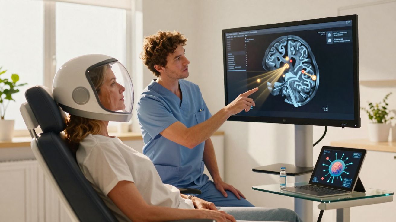 Médico explica imagem do cérebro a mulher com capacete de realidade virtual numa consulta clínica.