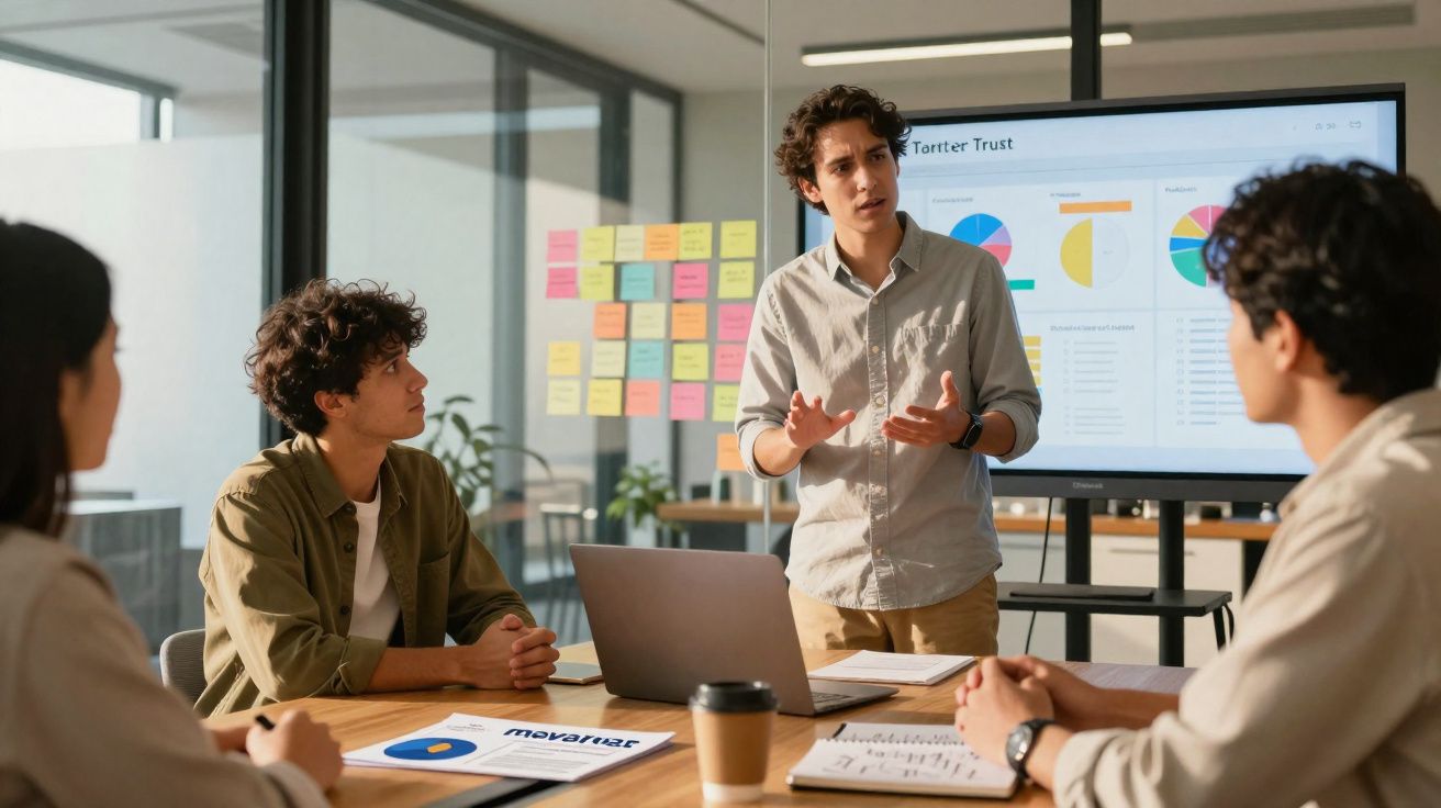 Jovens em reunião de trabalho em escritório moderno, com apresentação e gráficos digitais exibidos.