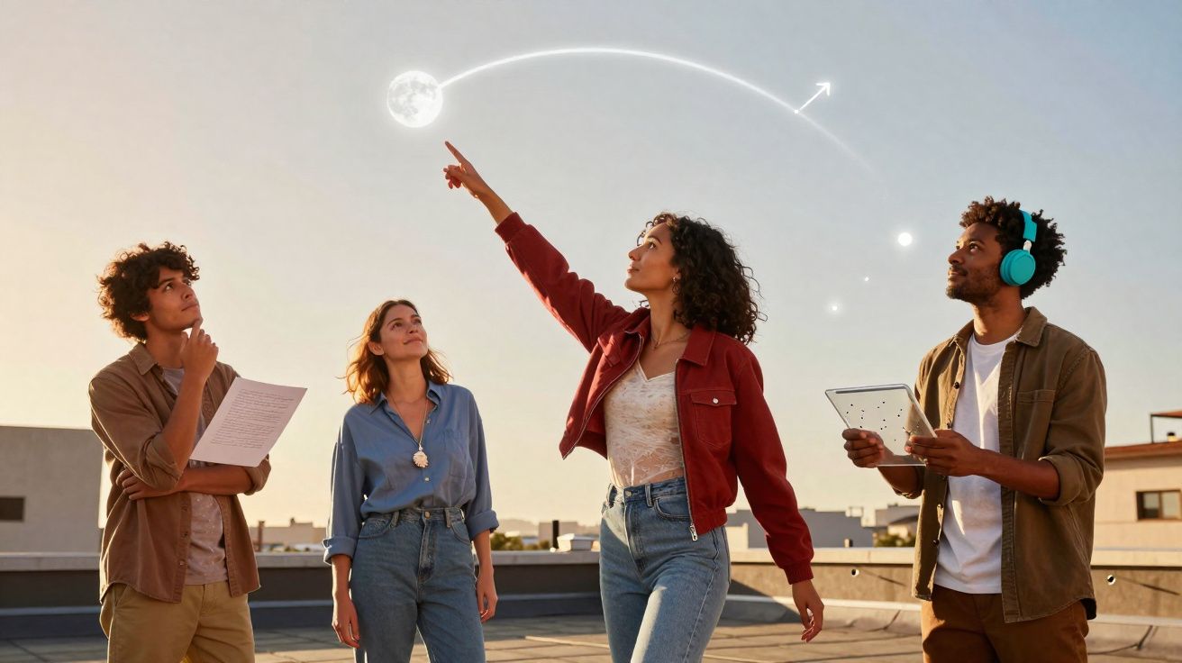 Quatro jovens em telhado observam e discutem um gráfico iluminado com símbolos astrológicos ao entardecer.