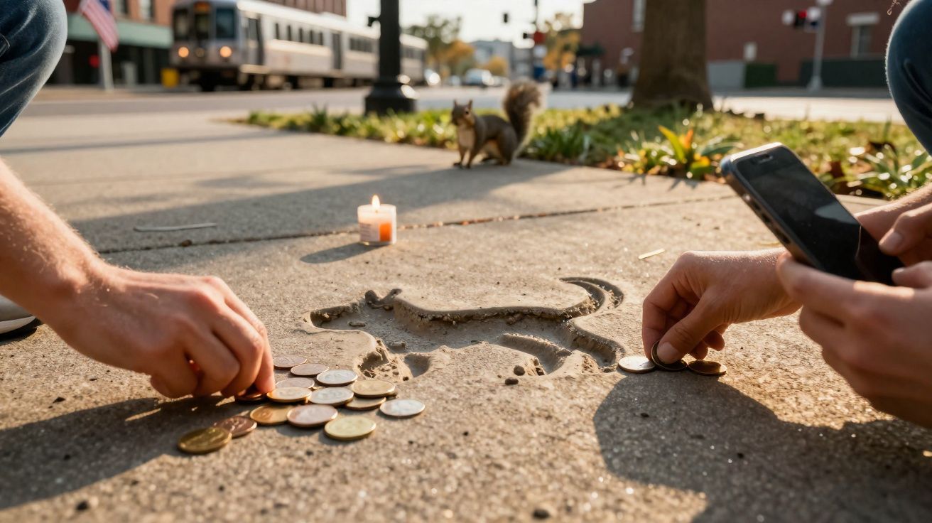 Duas mãos a colocar moedas numa figura de cão desenhada no chão com uma vela acesa e um esquilo ao fundo.