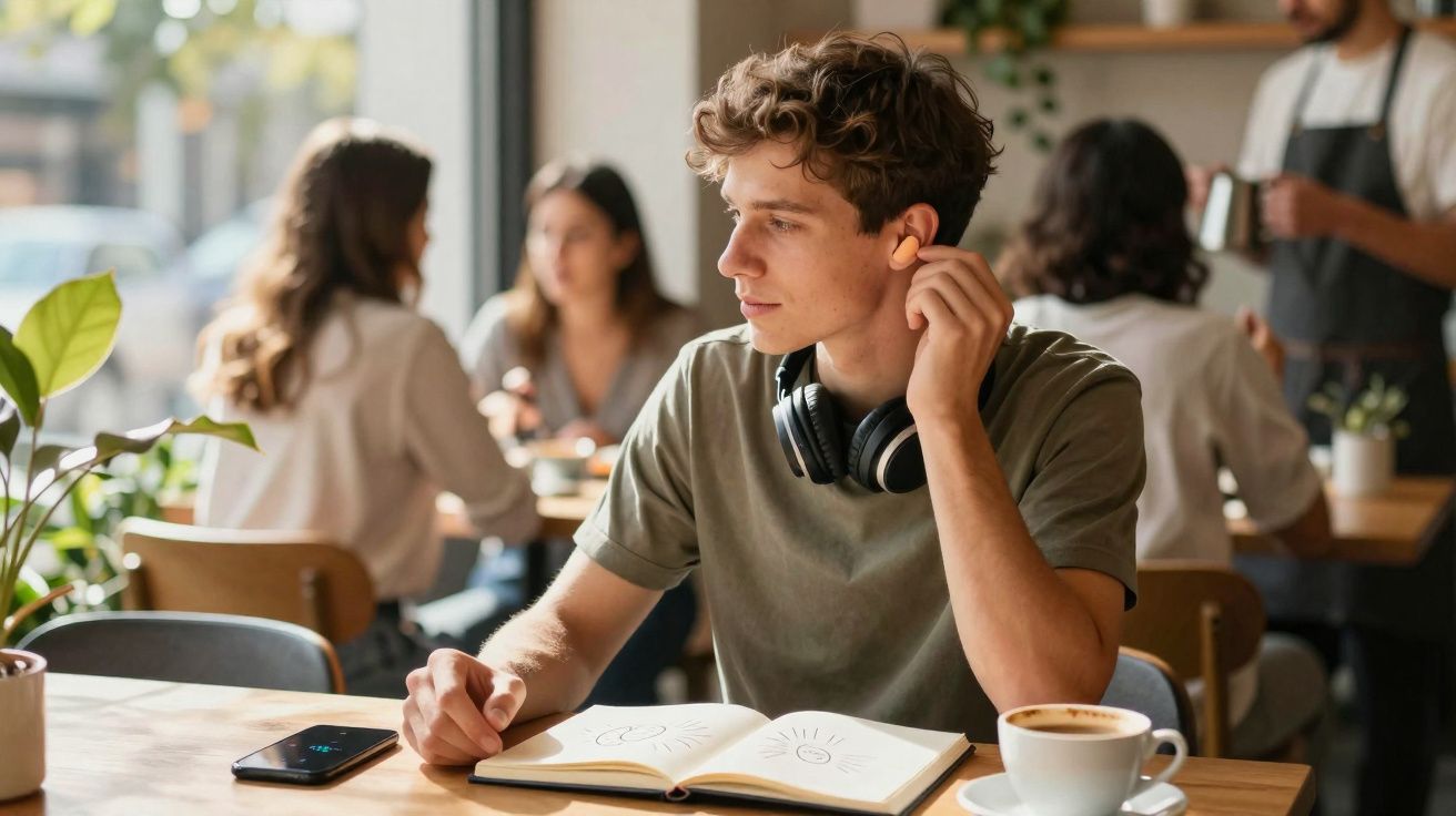 Jovem com auscultadores e caderno numa mesa de café, a colocar auricular no ouvido.