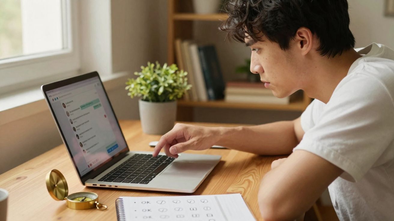 Jovem a usar portátil numa secretária, com caderno e bússola, numa sala iluminada pela janela.