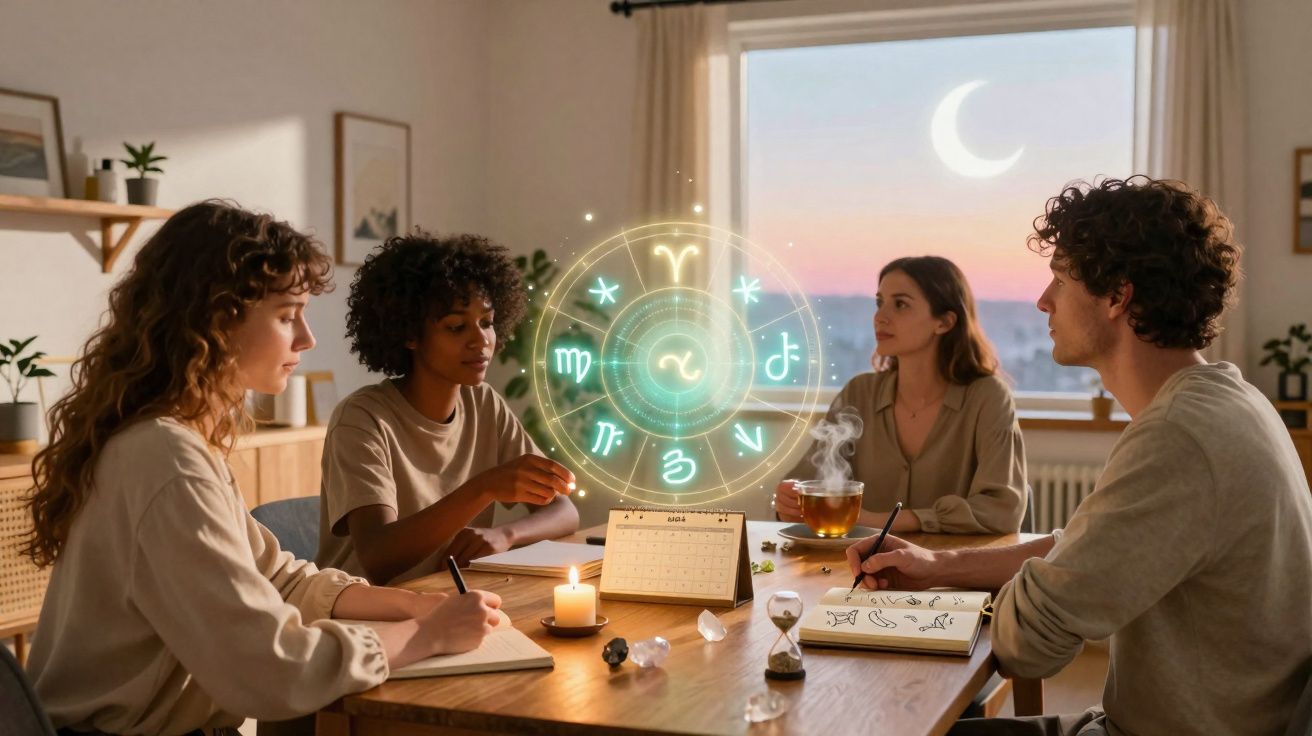 Quatro jovens sentados à mesa com símbolos do zodíaco flutuantes num ambiente acolhedor ao entardecer.