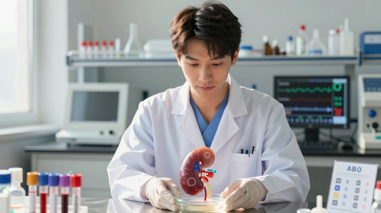 Cientista em laboratório analisa modelo 3D de rim com equipamento médico ao fundo.