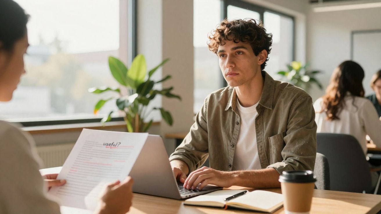 Jovem atento numa reunião de trabalho, com computador portátil, caderno e café numa mesa luminosa.