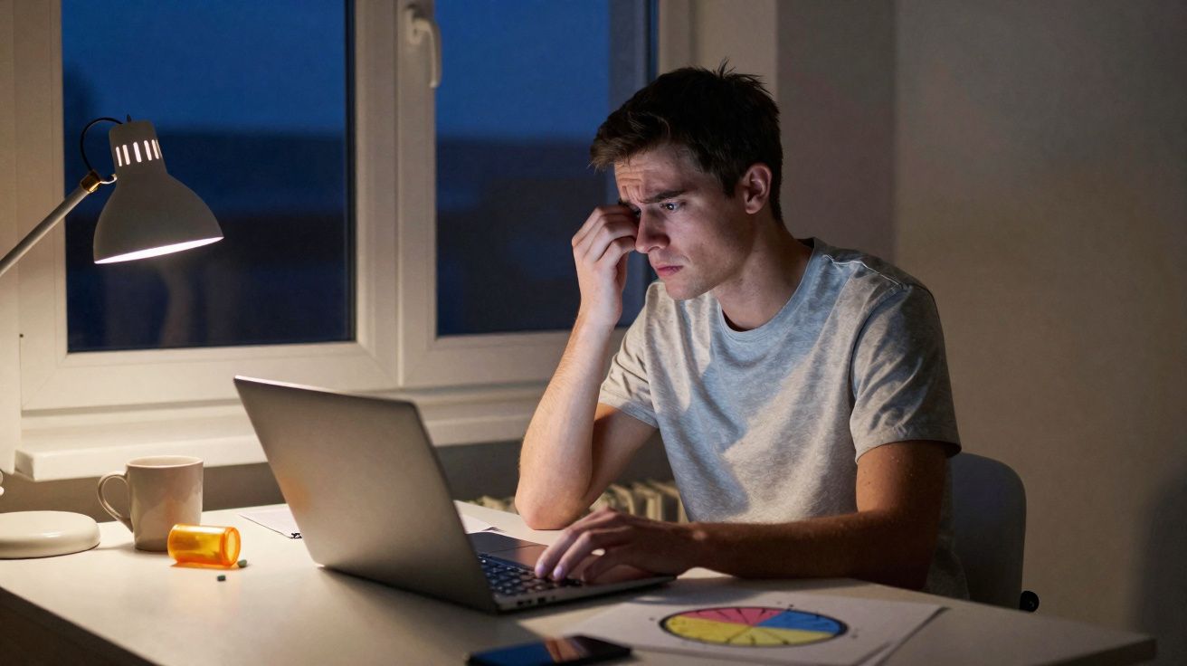 Homem preocupado a trabalhar tarde no computador, numa mesa com gráficos, caneca e medicamentos.