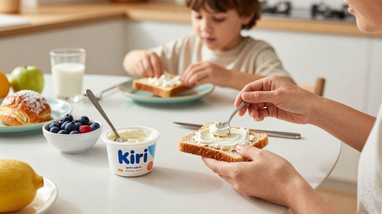 Pessoa a barrar creme de queijo Kiri em fatia de pão com criança ao fundo na cozinha.