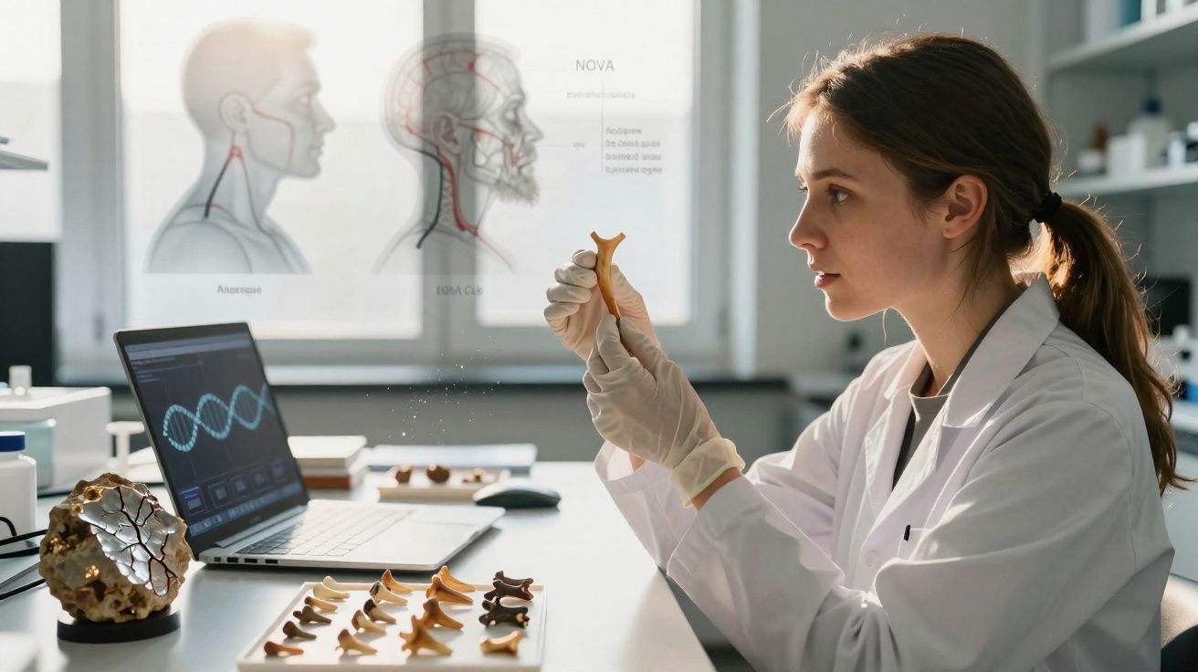 Cientista examina modelo de mandíbula em laboratório com laptop e diagramas anatómicos ao fundo.