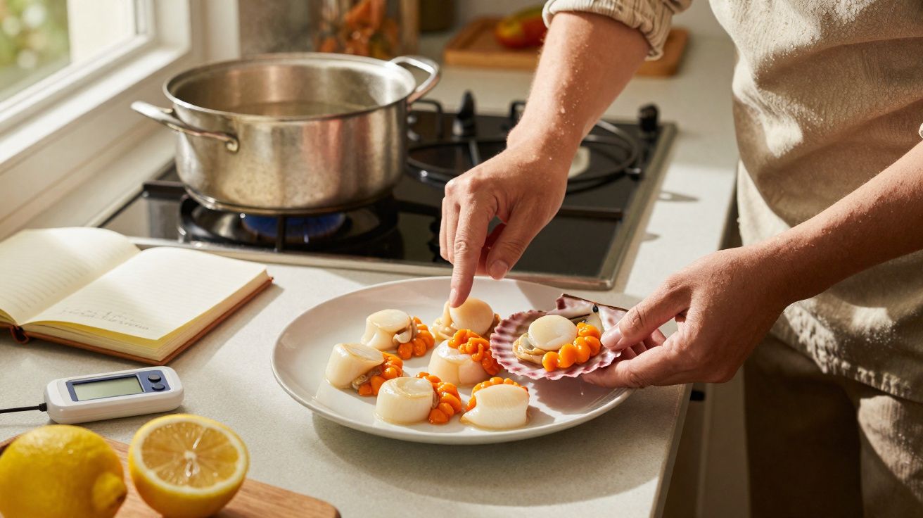 Pessoa a preparar vieiras num prato na cozinha, com panela no fogão e limão na bancada.